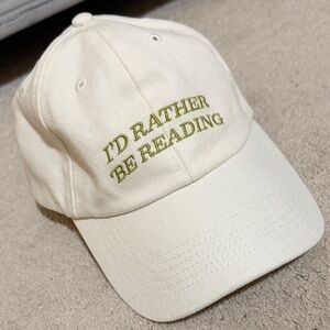 Cream Baseball Cap with Olive Green 'I'd Rather Be Reading' Embroidery